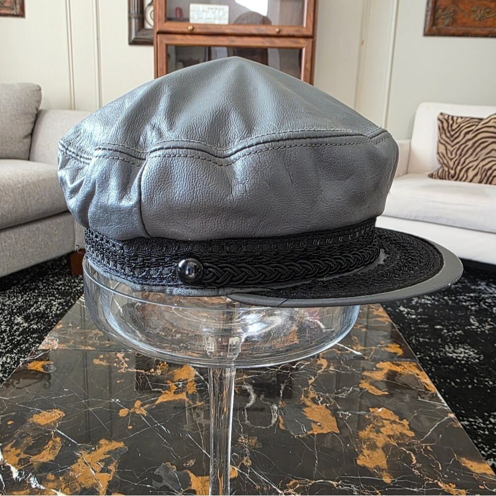 Vtg Gray Leather Fiddler Greek Fisherman Sailor Newsboy Driver Cap M